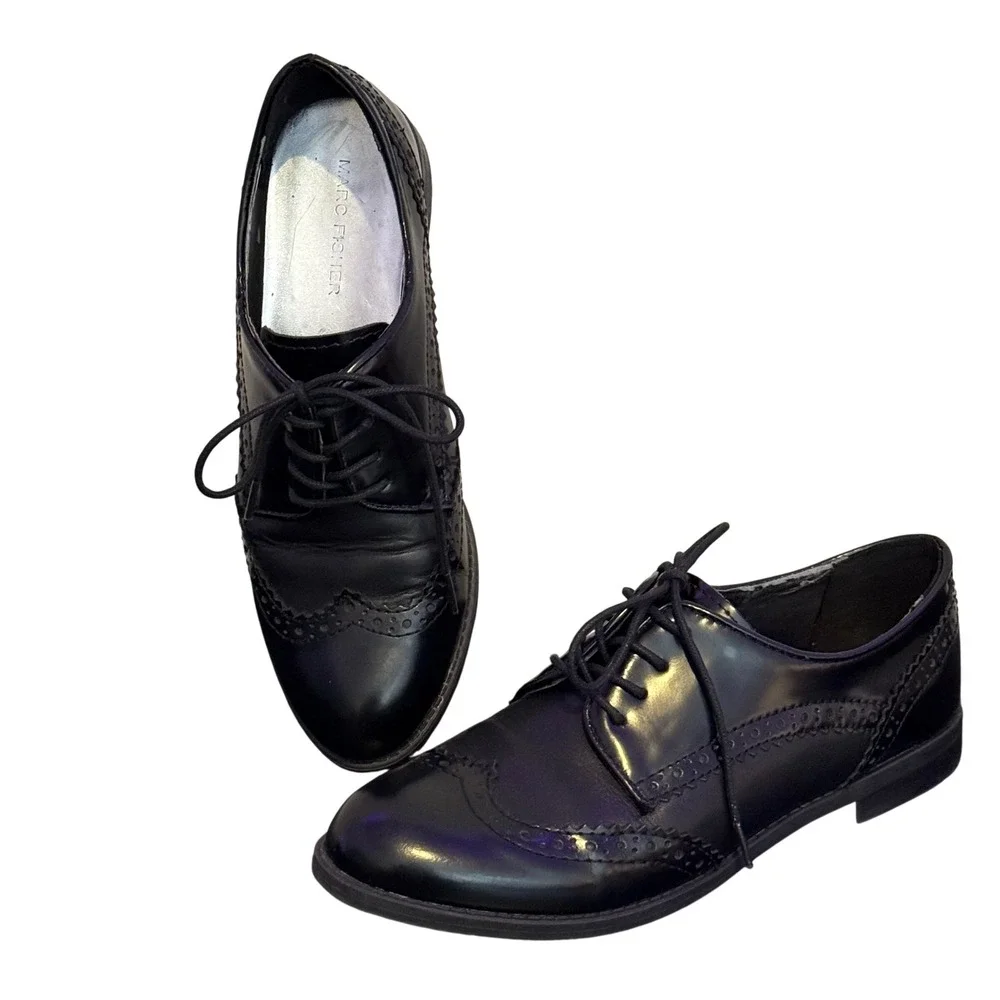 Marc Fisher Sailor Black‎ Leather Wingtip Brogue Oxfords Womens 6.5 M Academia